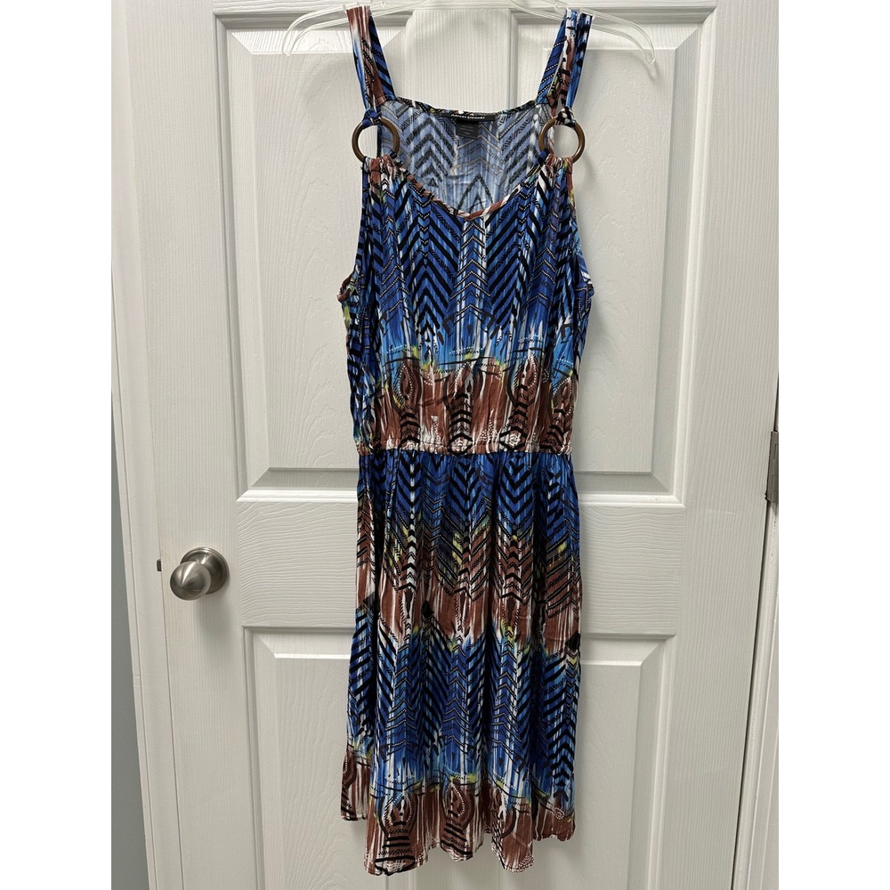 Ashley Stewart 12W Blue Geometric Tribal Print Rayon O-Ring Strap Midi Dress